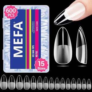 MEFA 600 Pieces Short Almond Soft Gel Nail Tips 15 Sizes